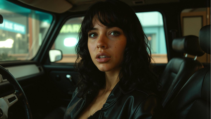 Woman in car at night